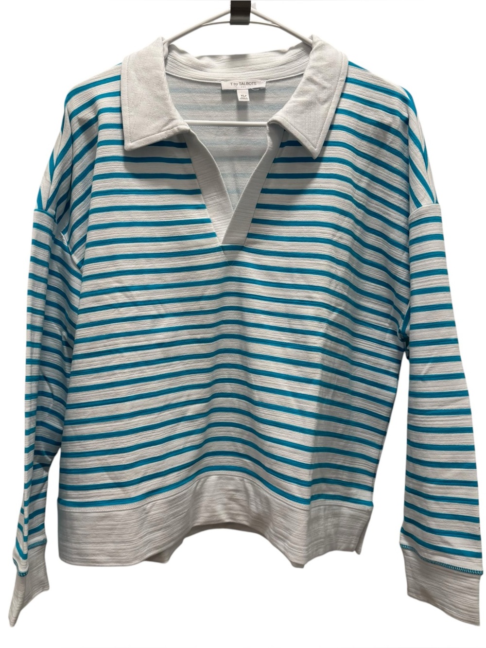 T by Talbots French Terry Johnny Collar Striped Pullover Top Petite XL PXL NWT